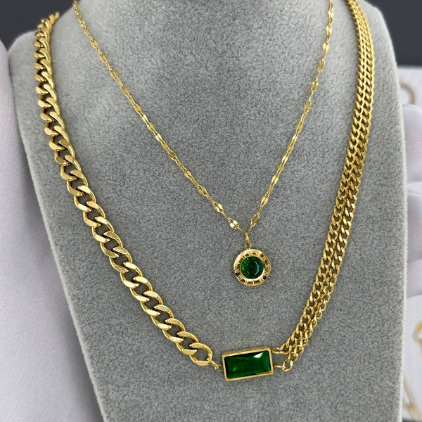 Emerald Round Stone 18K Gold-Plated Necklace – Waterproof & Hypoallergenic