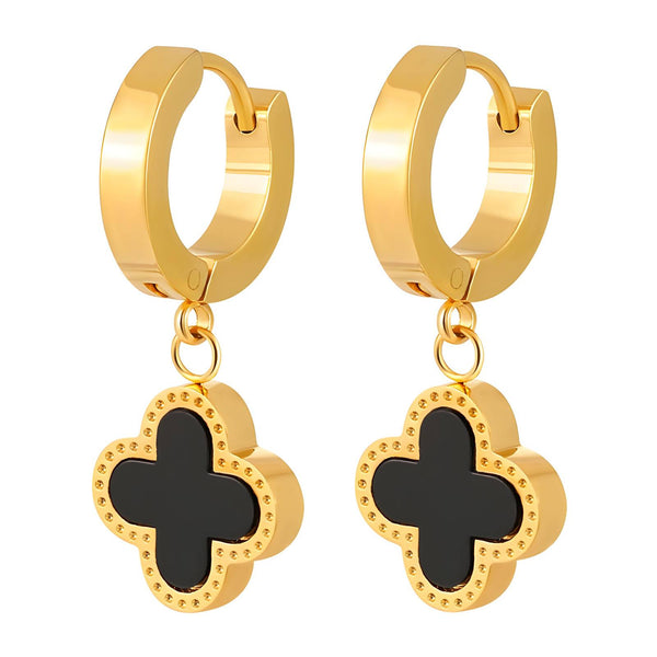 18K gold-plated black clover hoop earrings – waterproof and hypoallergenic jewelry UAE