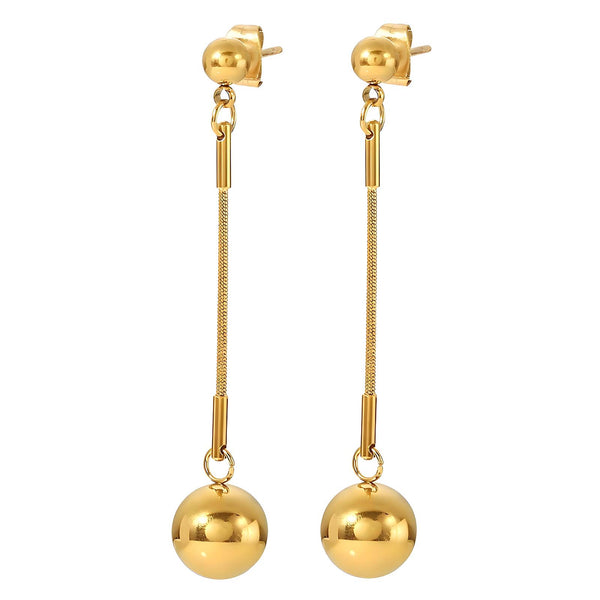 18K gold plated long drop earrings with spherical charm – waterproof stainless steel jewelry UAE