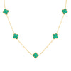 18K gold plated emerald clover necklace with five green clover charms on a stainless steel chain.
