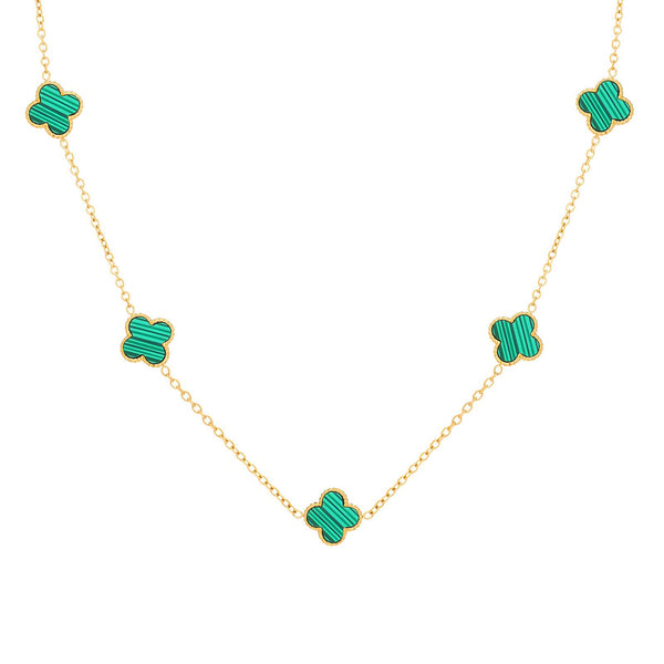 18K gold plated emerald clover necklace with five green clover charms on a stainless steel chain.