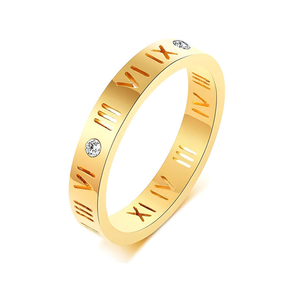 18K gold plated Roman numeral ring with cubic zirconia – waterproof stainless steel jewelry for women UAE