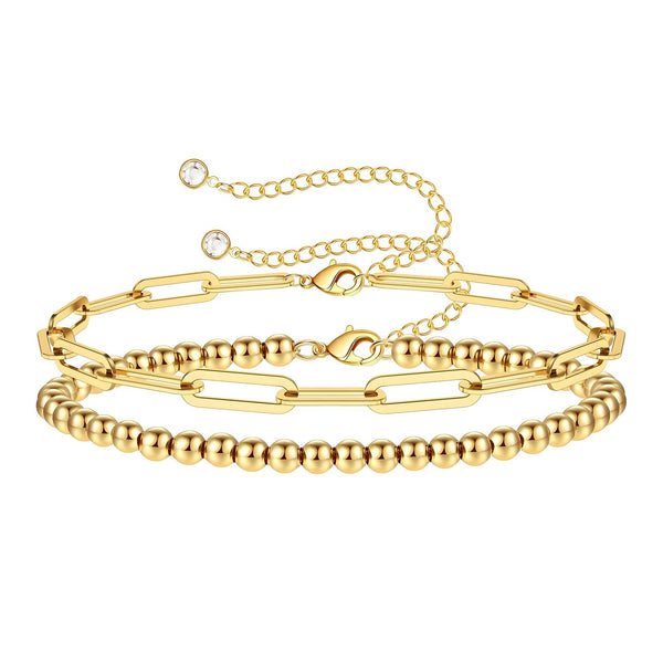 18K gold plated multi-layer stacked bracelet with bead chain and pearl charm – waterproof stainless steel jewelry UAE