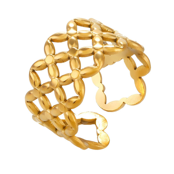 18K gold plated mesh design adjustable ring – waterproof stainless steel jewelry for women UAE
